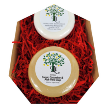 Load image into Gallery viewer, Carrot, Cucumber, and Aloe Vera Soap Bar & Goats Milk Moisturising Shampoo Bar Gift Set.